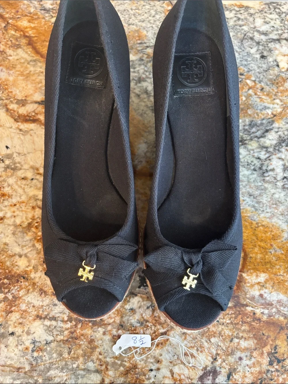 Tory Burch Black Espadrille Wedge Peep-Toe Pumps with Gold Logo